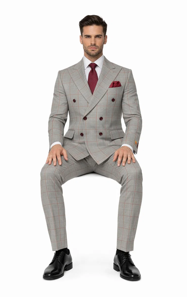 Suits With Baggy Pleated Pants - Wide Leg Pants 100% Wool - Classic Fit in Color Grey with Red Plaid by Rossiman