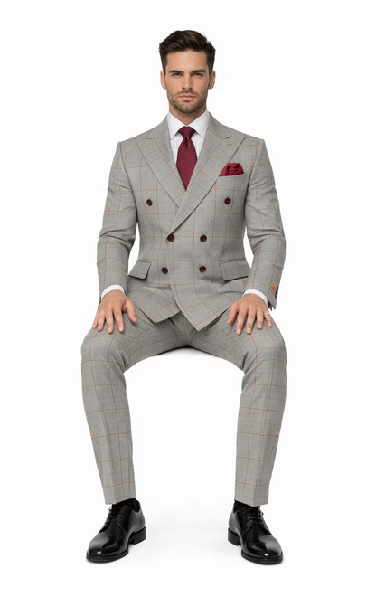 Suits With Baggy Pleated Pants - Wide Leg Pants 100% Wool - Classic Fit in Color Grey with Red Plaid by Rossiman