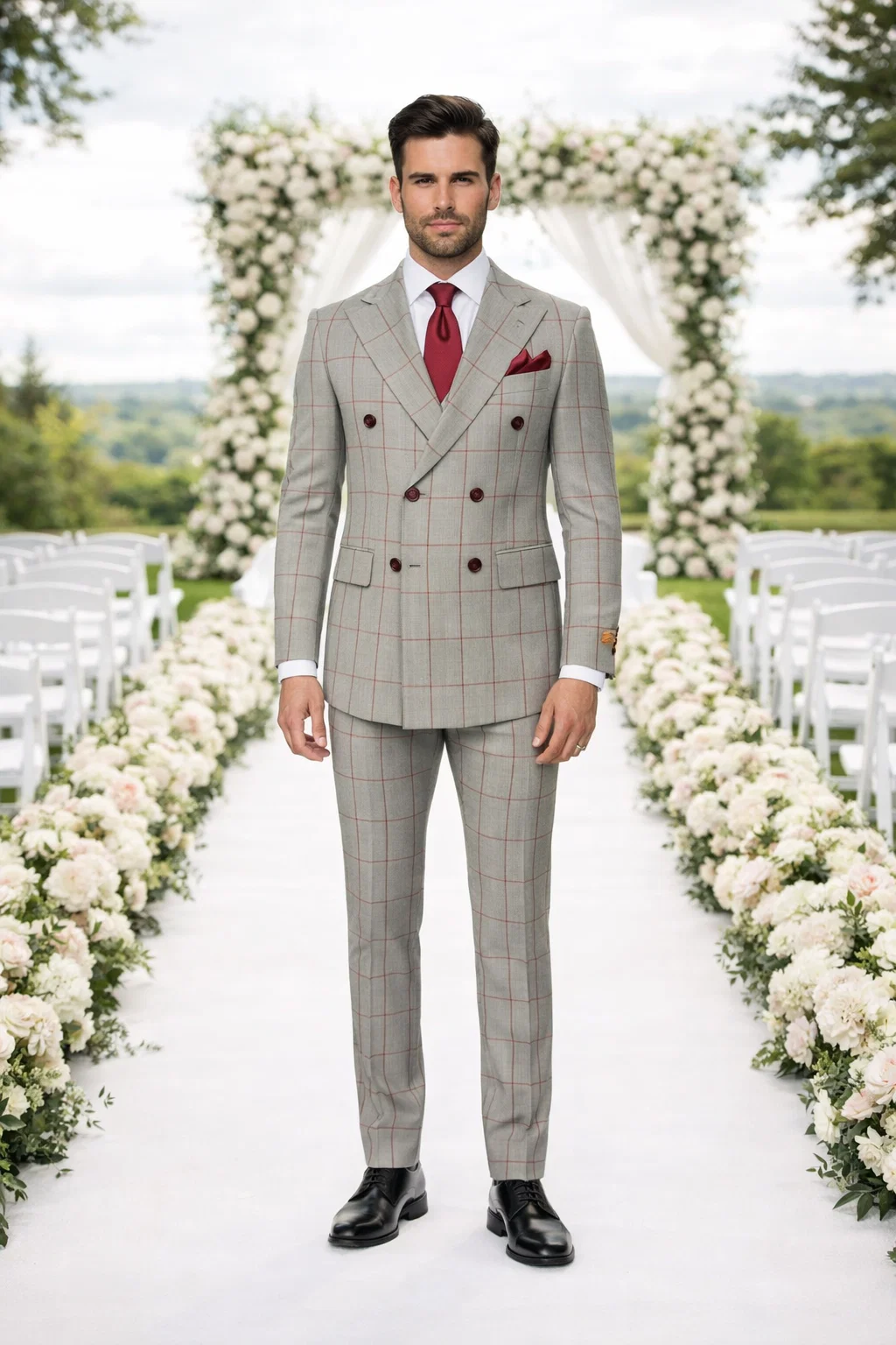 Suits With Baggy Pleated Pants - Wide Leg Pants 100% Wool - Classic Fit in Color Grey with Red Plaid by Rossiman
