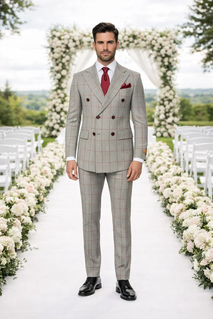 Suits With Baggy Pleated Pants - Wide Leg Pants 100% Wool - Classic Fit in Color Grey with Red Plaid by Rossiman