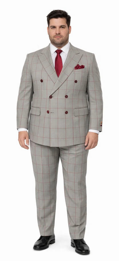 Suits With Baggy Pleated Pants - Wide Leg Pants 100% Wool - Classic Fit in Color Grey with Red Plaid by Rossiman