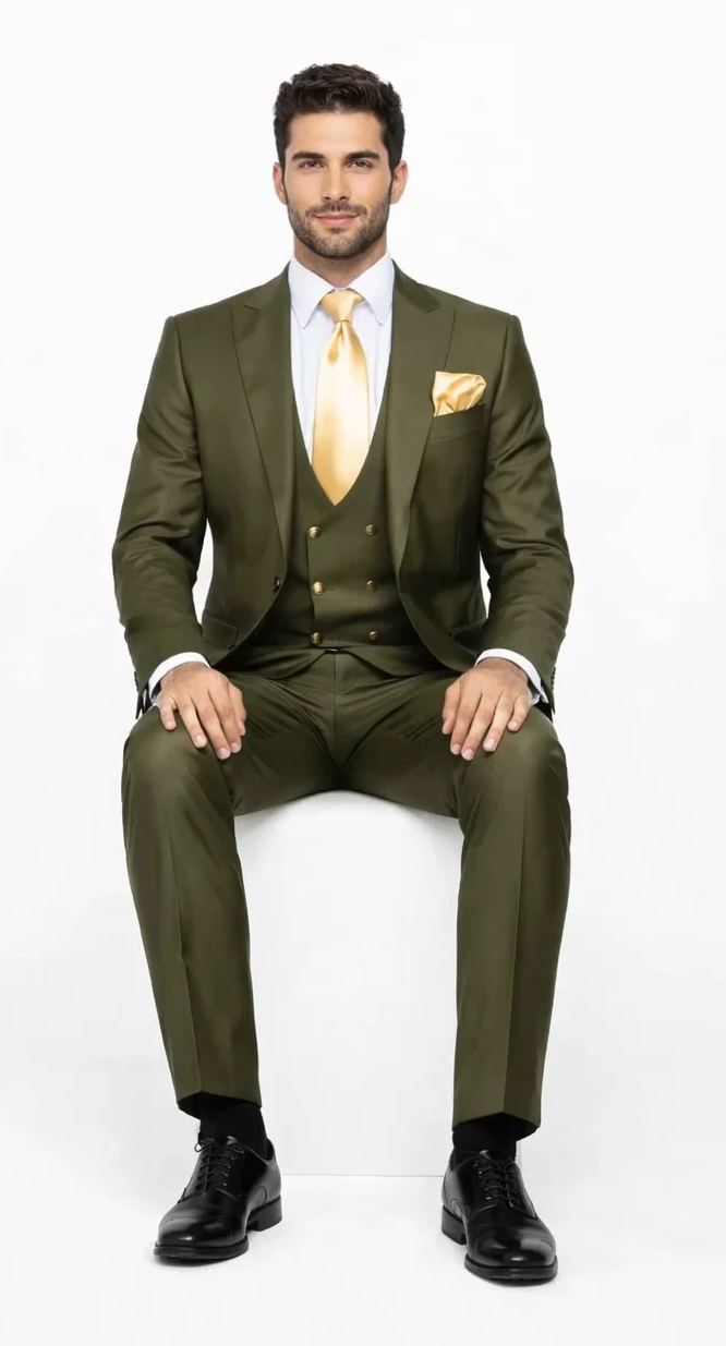 Rossi Man MAX RM1775 Slim Fit 3-Piece Suit – Sophisticated Tailored Olive Green Suit for Men