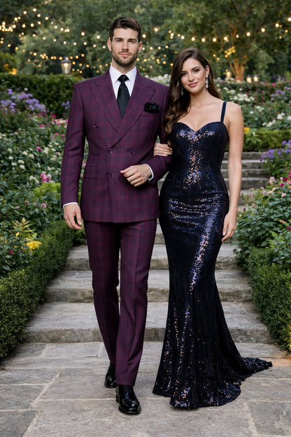 Slim Fit Double Breasted Raspberry Windowpane Formal Suit Rossi Man Milano RM1799