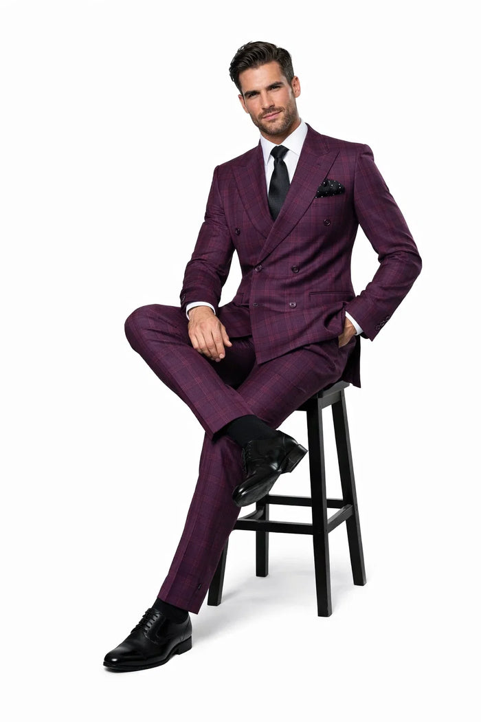Slim Fit Double Breasted Raspberry Windowpane Formal Suit Rossi Man Milano RM1799
