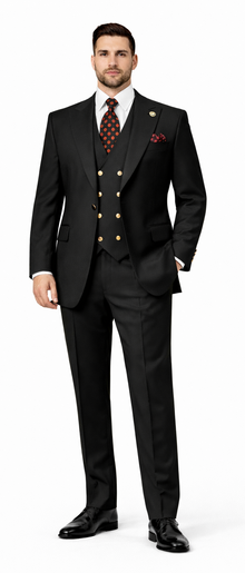 Rossiman Black Suit for Men – Classic 1-Button Peak Lapel Jacket & Double-Breasted Vest