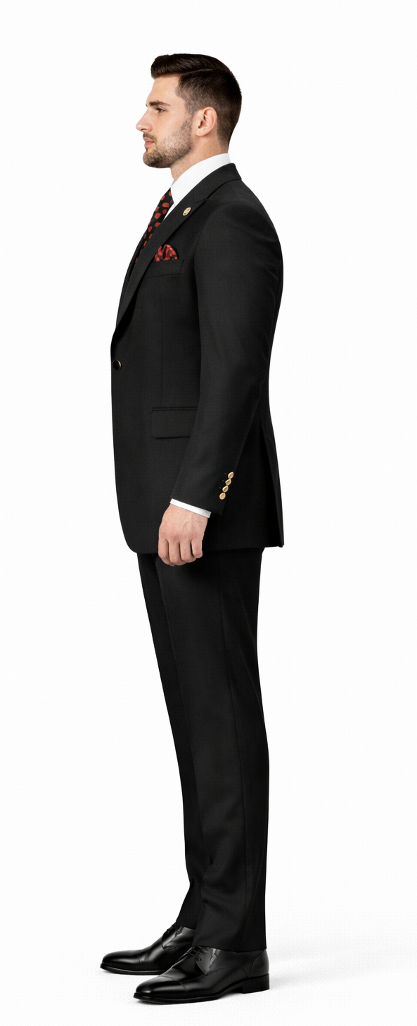 Rossiman Black Suit for Men – Classic 1-Button Peak Lapel Jacket & Double-Breasted Vest