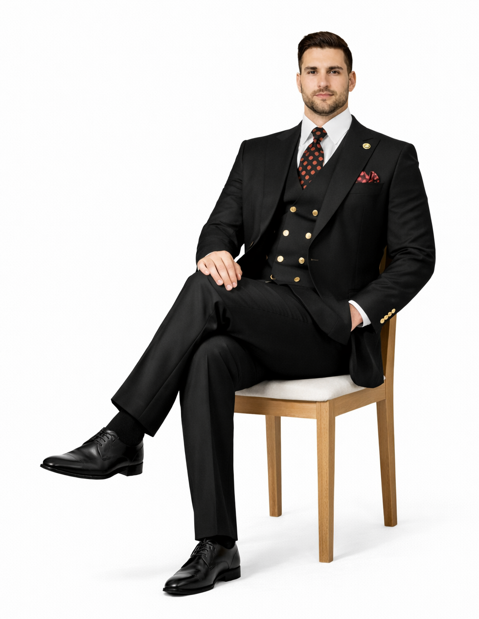 Rossiman Black Suit for Men – Classic 1-Button Peak Lapel Jacket & Double-Breasted Vest
