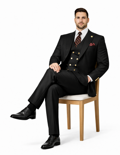 Rossiman Black Suit for Men – Classic 1-Button Peak Lapel Jacket & Double-Breasted Vest