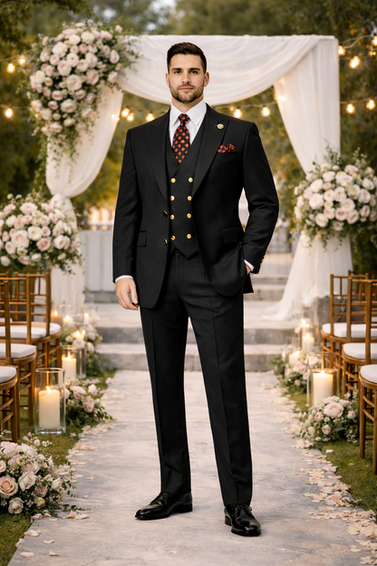 Rossiman Black Suit for Men – Classic 1-Button Peak Lapel Jacket & Double-Breasted Vest