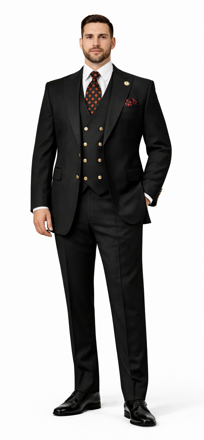 Rossiman Black Suit for Men – Classic 1-Button Peak Lapel Jacket & Double-Breasted Vest
