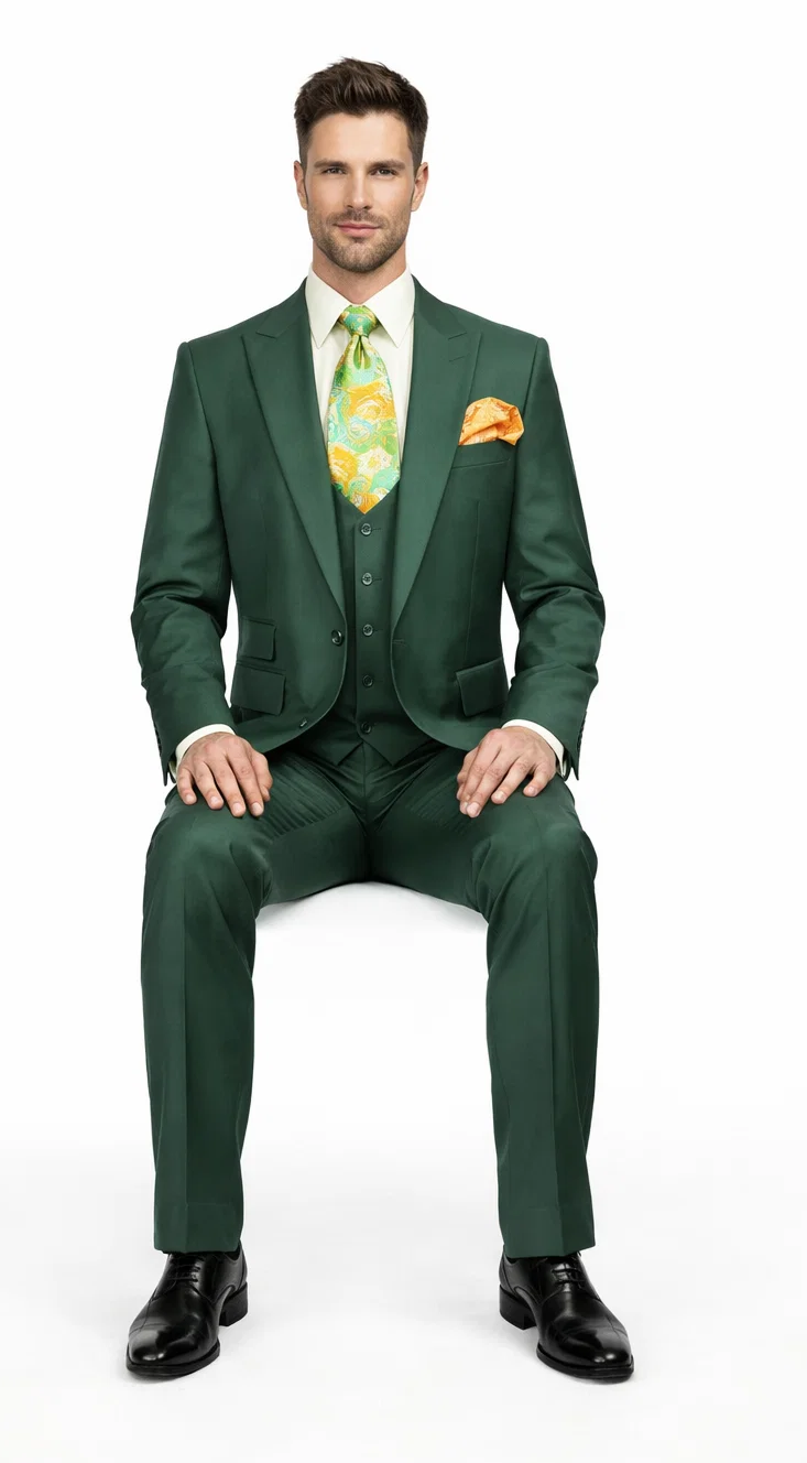 Rossiman Hunter Green Slim Fit Men's Suit – 3-Piece Vested Set with Flat Front Trousers
