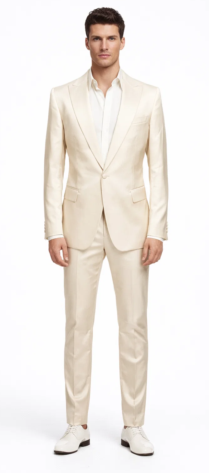 Rossiman Men’s Cream Sateen Suit – Elegant Glossy Formalwear Modern Fit