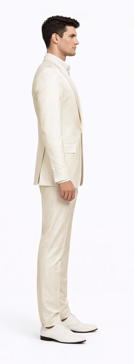 Rossiman Men’s Cream Sateen Suit – Elegant Glossy Formalwear Modern Fit