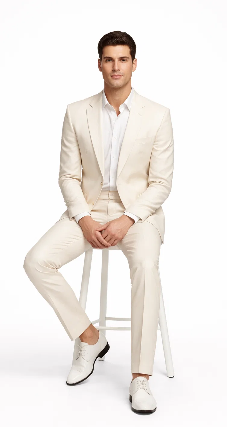 Rossiman Men’s Cream Sateen Suit – Elegant Glossy Formalwear Modern Fit