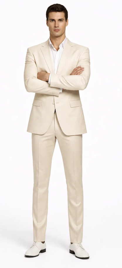 Rossiman Men’s Cream Sateen Suit – Elegant Glossy Formalwear Modern Fit
