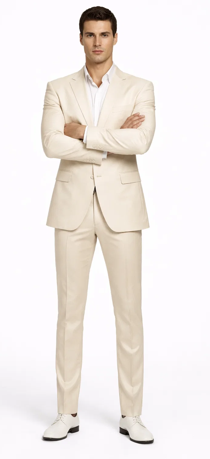 Rossiman Men’s Cream Sateen Suit – Elegant Glossy Formalwear Modern Fit