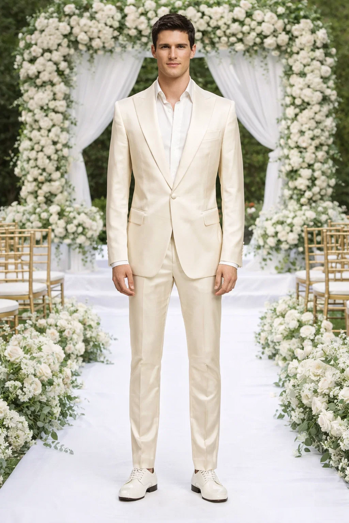 Rossiman Men’s Cream Sateen Suit – Elegant Glossy Formalwear Modern Fit