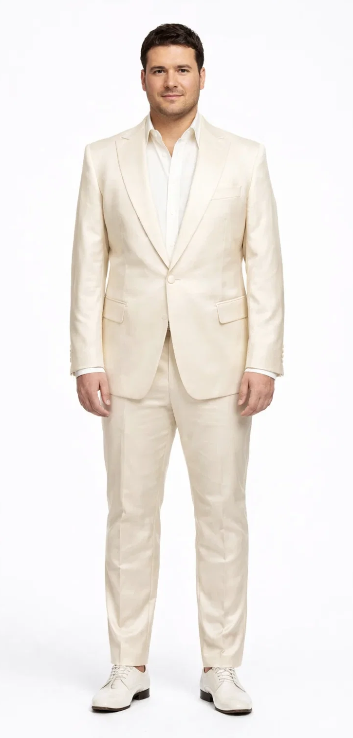 Rossiman Men’s Cream Sateen Suit – Elegant Glossy Formalwear Modern Fit
