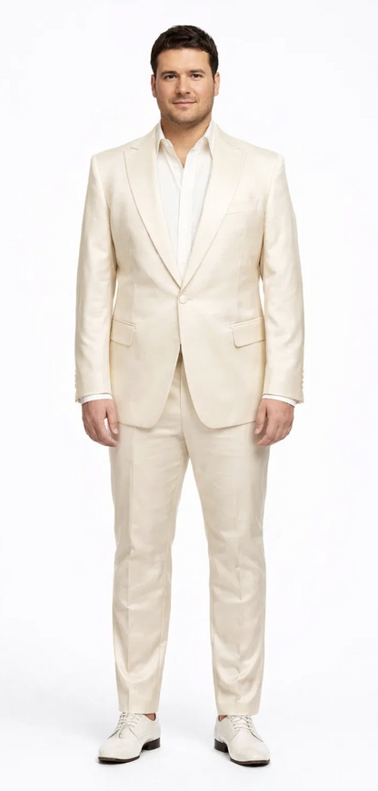 Rossiman Men’s Cream Sateen Suit – Elegant Glossy Formalwear Modern Fit