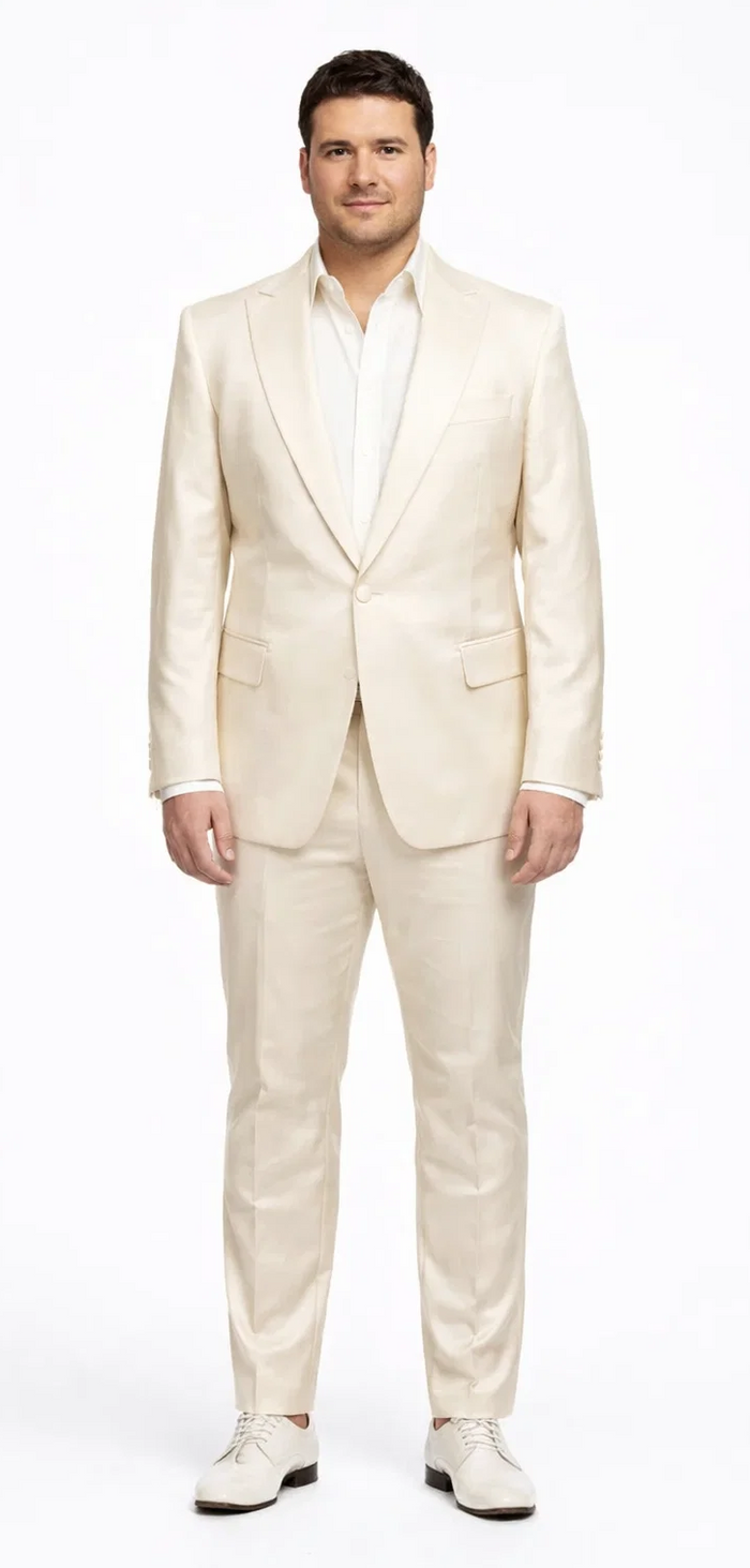 Rossiman Men’s Cream Sateen Suit – Elegant Glossy Formalwear Modern Fit