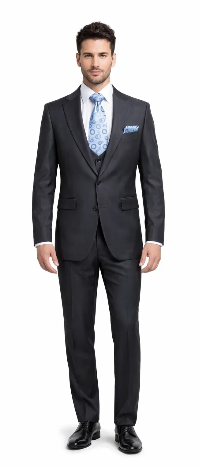 Rossiman Men's Dark Gray Slim Fit Suit – 3-Piece Vested Set with Flat Front Pants
