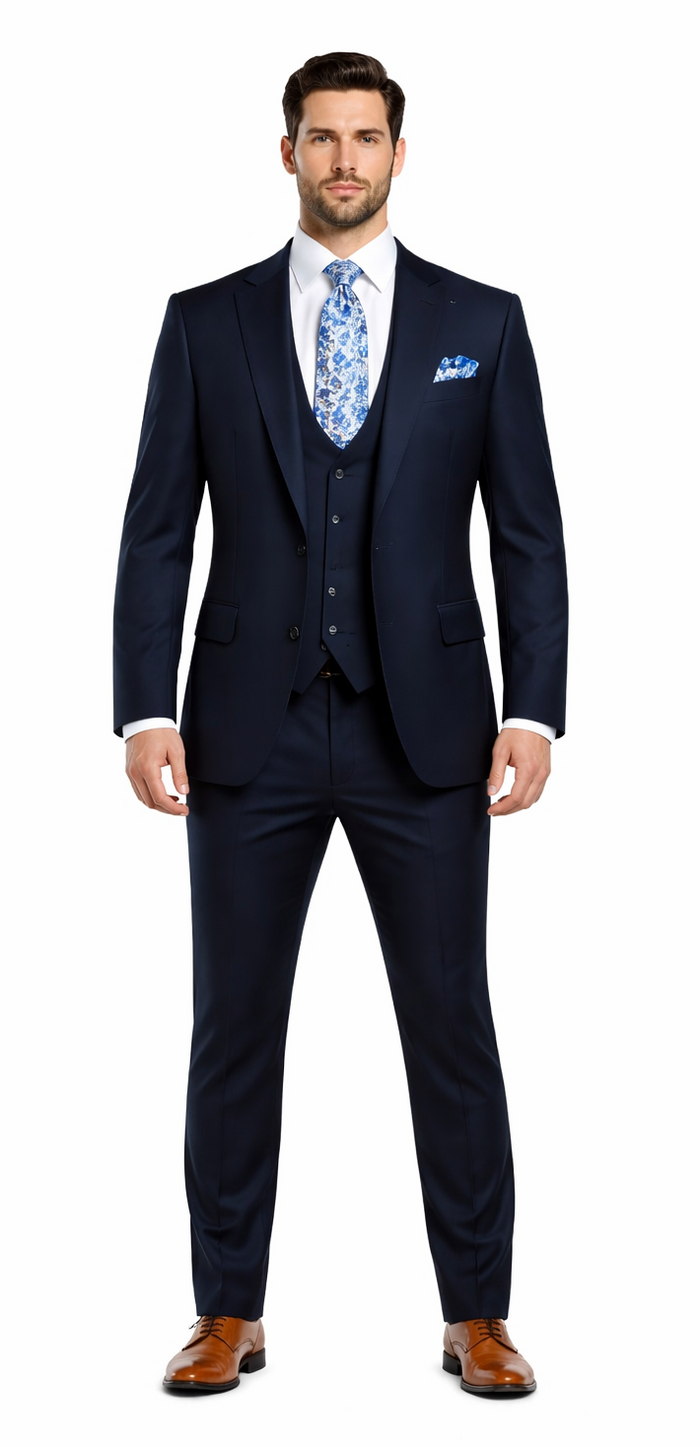 Rossiman Men’s Formal Blue Suit – Slim Fit Design with Vest and Trousers