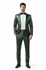 Rossiman Men’s Green Sateen Suit – Glossy Finish with Modern Flair Modern Fit