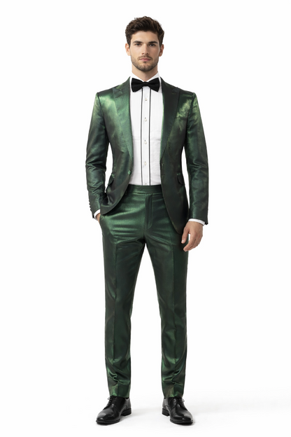 Rossiman Men’s Green Sateen Suit – Glossy Finish with Modern Flair Modern Fit