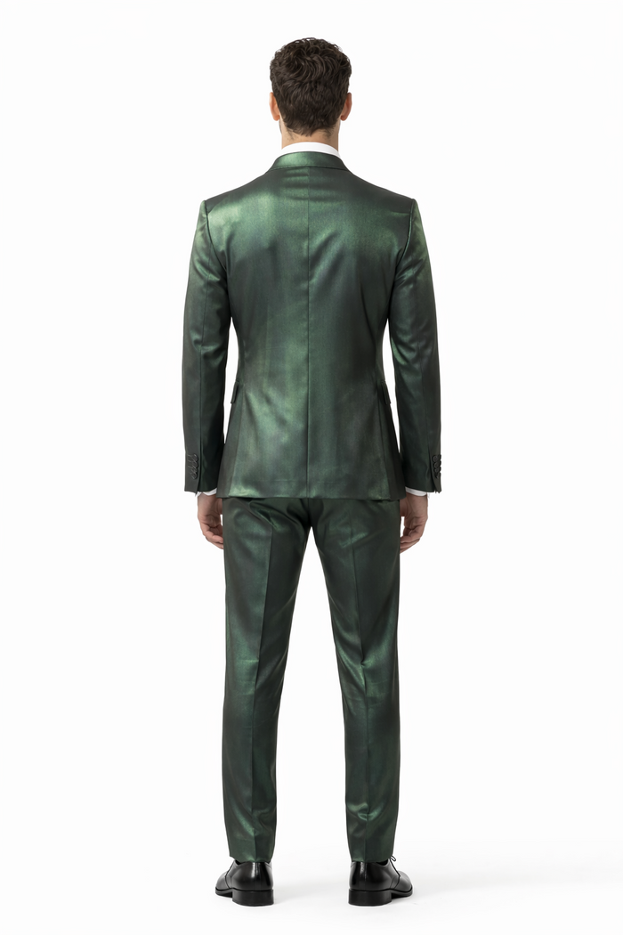 Rossiman Men’s Green Sateen Suit – Glossy Finish with Modern Flair Modern Fit