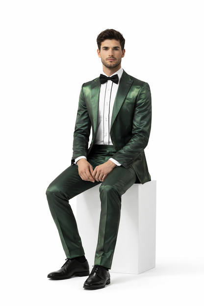Rossiman Men’s Green Sateen Suit – Glossy Finish with Modern Flair Modern Fit