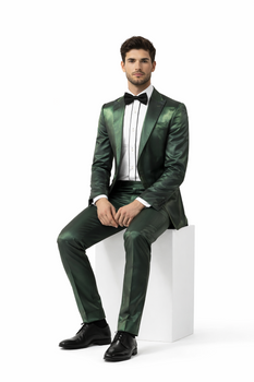 Rossiman Men’s Green Sateen Suit – Glossy Finish with Modern Flair