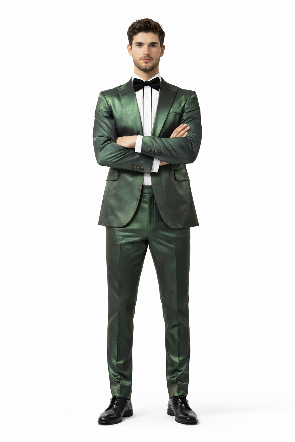 Rossiman Men’s Green Sateen Suit – Glossy Finish with Modern Flair Modern Fit