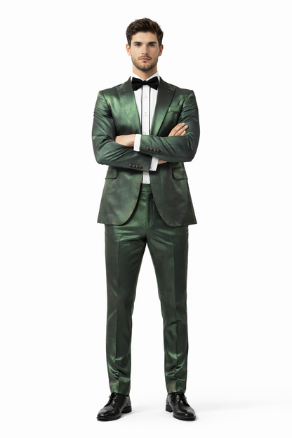 Rossiman Men’s Green Sateen Suit – Glossy Finish with Modern Flair Modern Fit