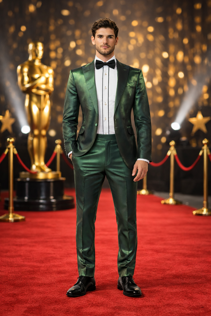 Rossiman Men’s Green Sateen Suit – Glossy Finish with Modern Flair Modern Fit
