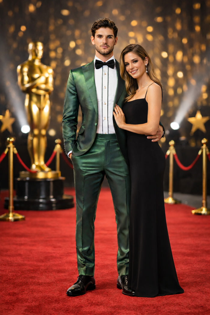 Rossiman Men’s Green Sateen Suit – Glossy Finish with Modern Flair Modern Fit