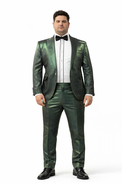 Rossiman Men’s Green Sateen Suit – Glossy Finish with Modern Flair Modern Fit