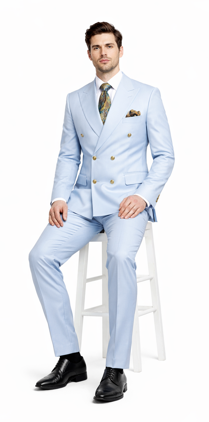 Rossiman Men’s Light Blue Slim Fit Suit – Elegant Double-Breasted Design