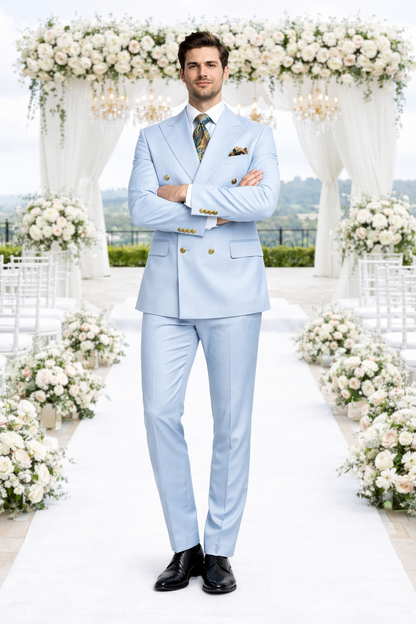 Rossiman Men’s Light Blue Slim Fit Suit – Elegant Double-Breasted Design
