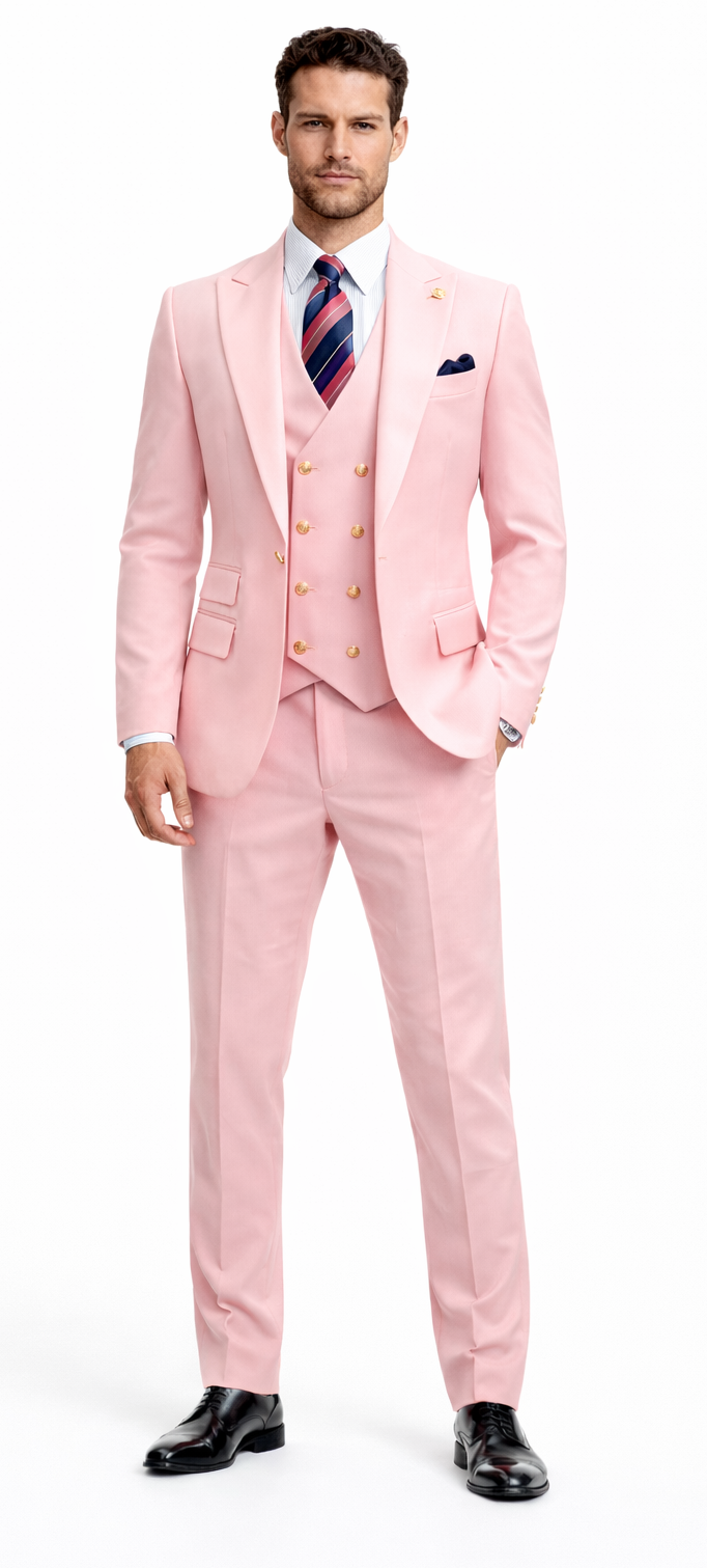 Rossiman Men's Pink Suit – 1-Button Peak Lapel Jacket & Double-Breasted Vest Modern Fit