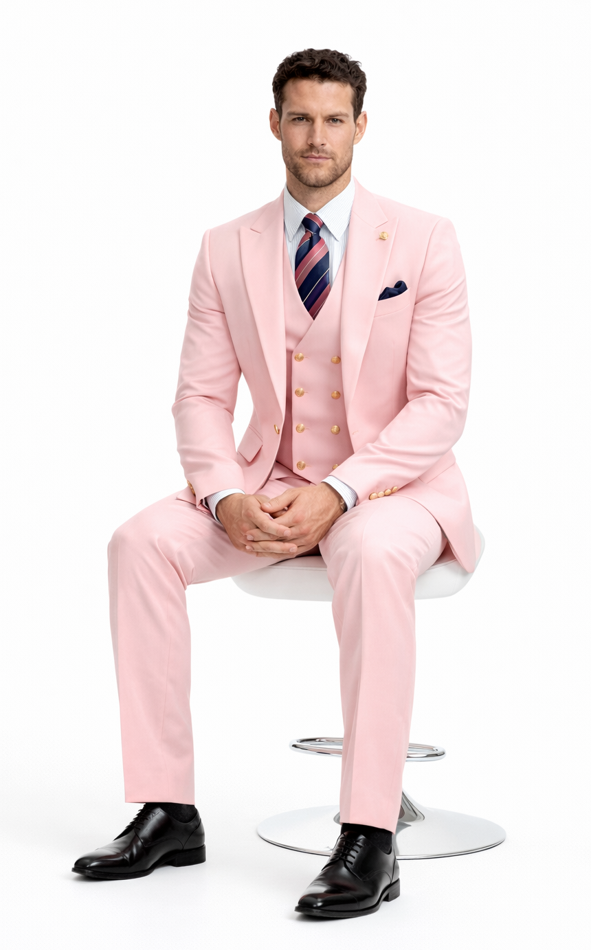 Rossiman Men's Pink Suit – 1-Button Peak Lapel Jacket & Double-Breasted Vest Modern Fit