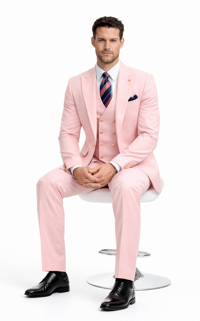 Rossiman Men's Pink Suit – 1-Button Peak Lapel Jacket & Double-Breasted Vest Modern Fit