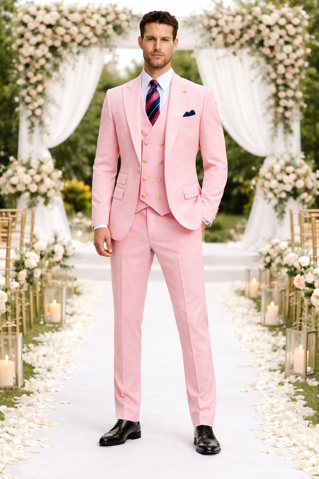 Rossiman Men's Pink Suit – 1-Button Peak Lapel Jacket & Double-Breasted Vest Modern Fit