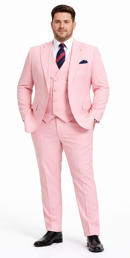 Rossiman Men's Pink Suit – 1-Button Peak Lapel Jacket & Double-Breasted Vest Modern Fit