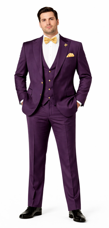Rossiman Mens Plum Purple Suit – Gold Buttoned Double-Breasted Elegance Modern Fit