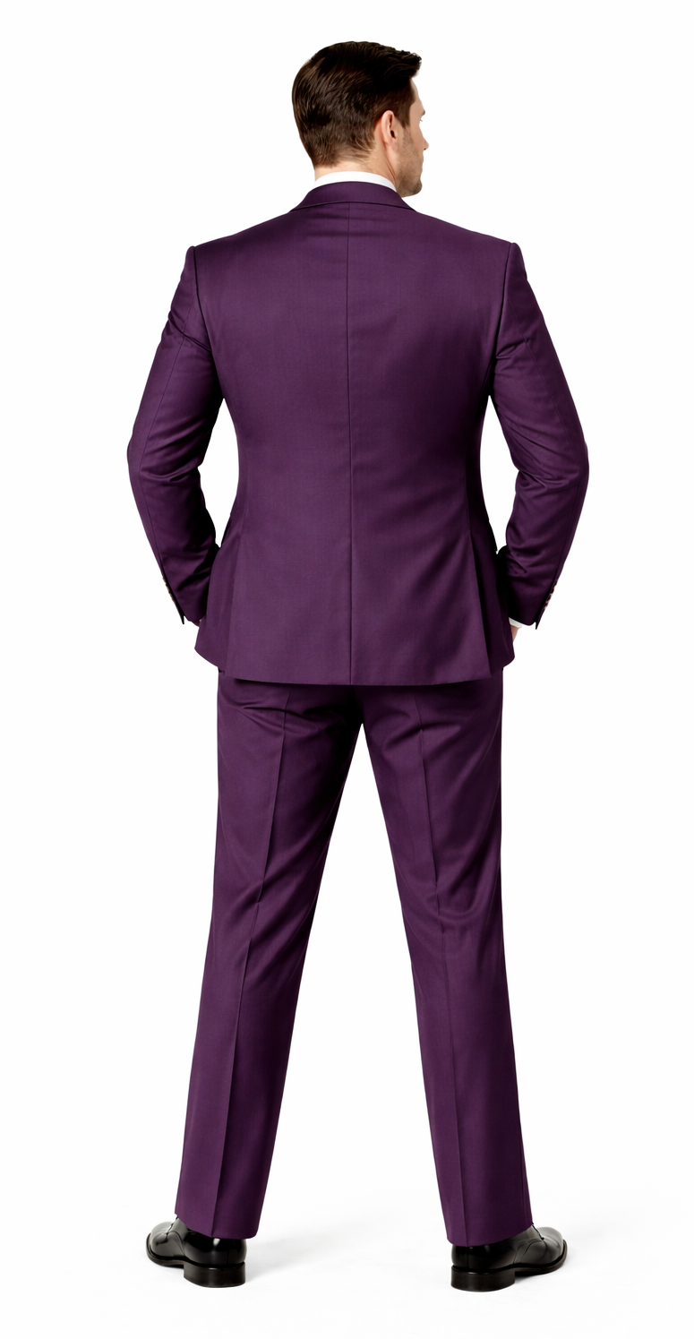Rossiman Mens Plum Purple Suit – Gold Buttoned Double-Breasted Elegance Modern Fit