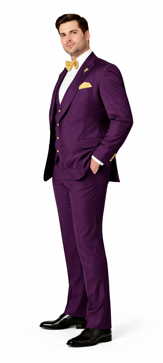 Rossiman Mens Plum Purple Suit – Gold Buttoned Double-Breasted Elegance Modern Fit
