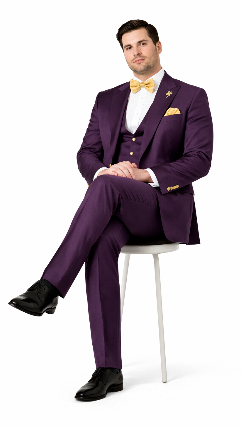 Rossiman Mens Plum Purple Suit – Gold Buttoned Double-Breasted Elegance Modern Fit