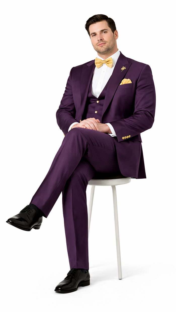 Rossiman Mens Plum Purple Suit – Gold Buttoned Double-Breasted Elegance Modern Fit