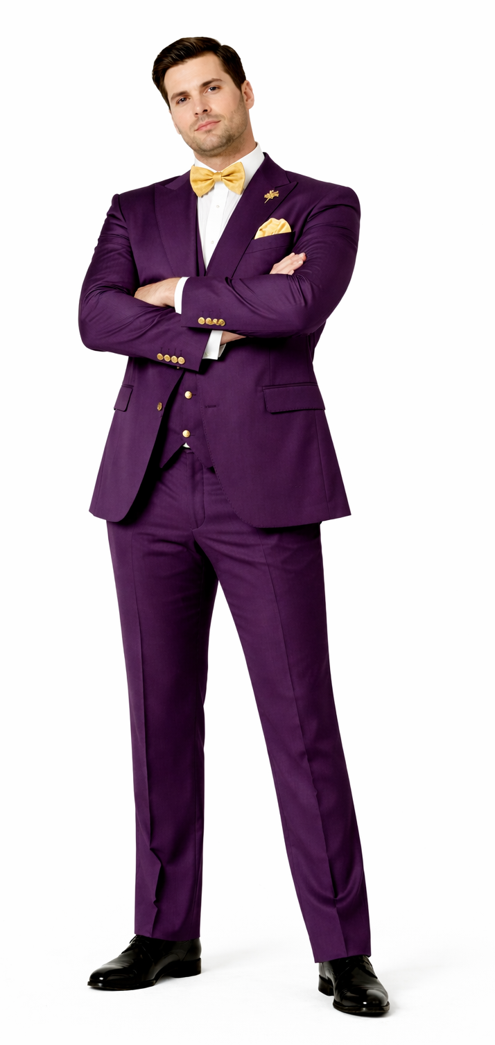 Rossiman Mens Plum Purple Suit – Gold Buttoned Double-Breasted Elegance Modern Fit