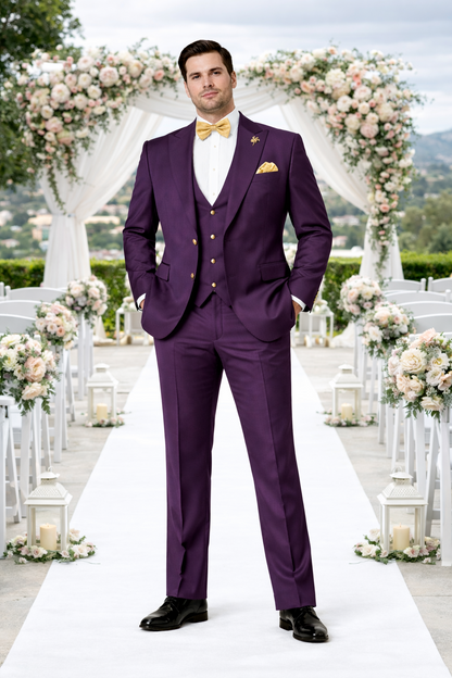 Rossiman Mens Plum Purple Suit – Gold Buttoned Double-Breasted Elegance Modern Fit